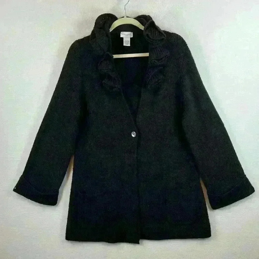 Soft Surroundings Rosette Cardigan Sweater Size S/M Black Acrylic/Alpaca/Wool